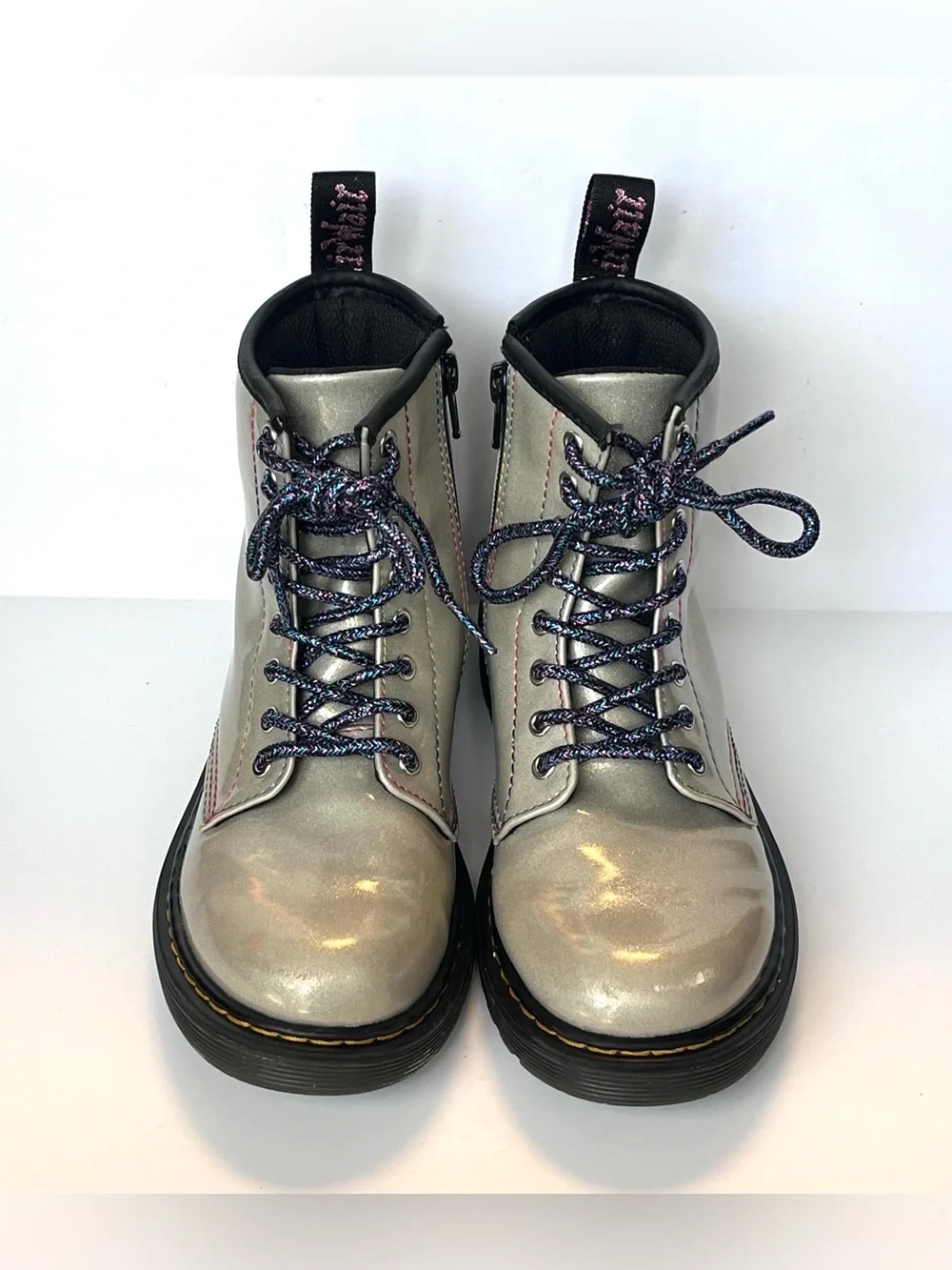 Dr. Martens Kids 1460 J Iridescent Silver Rainbow Glitter Boots Size US 2 EU 33